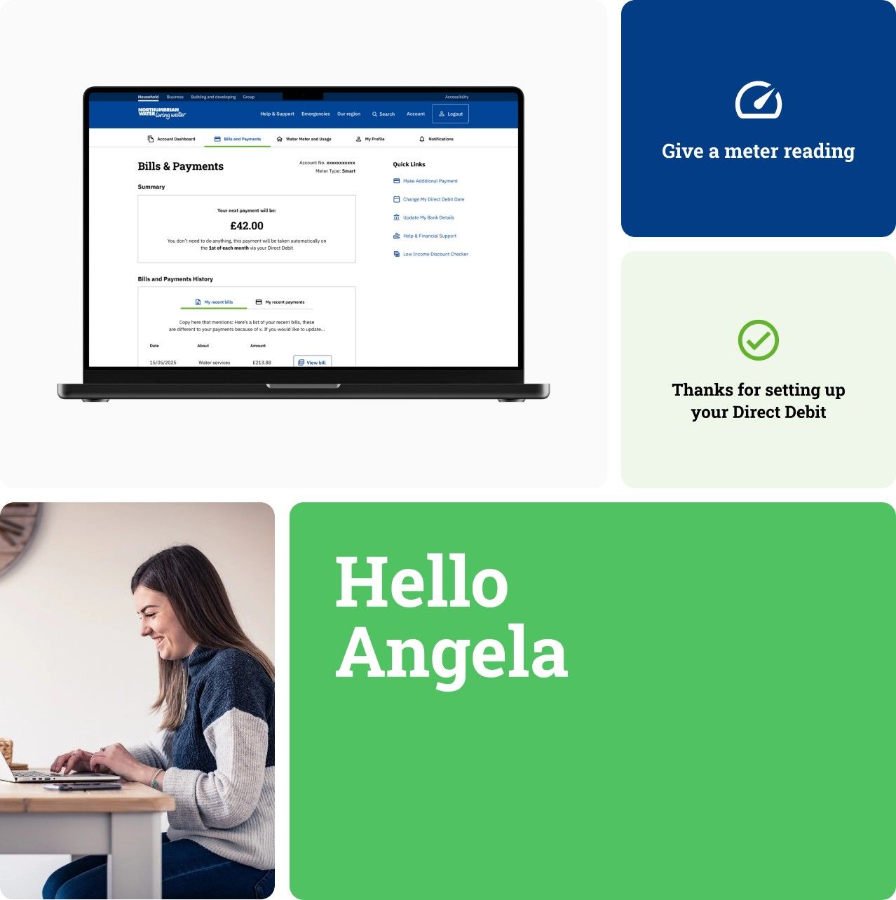 A bento layout of the redesigned account: bills and payments, a meter-reading prompt, and a personalised greeting
