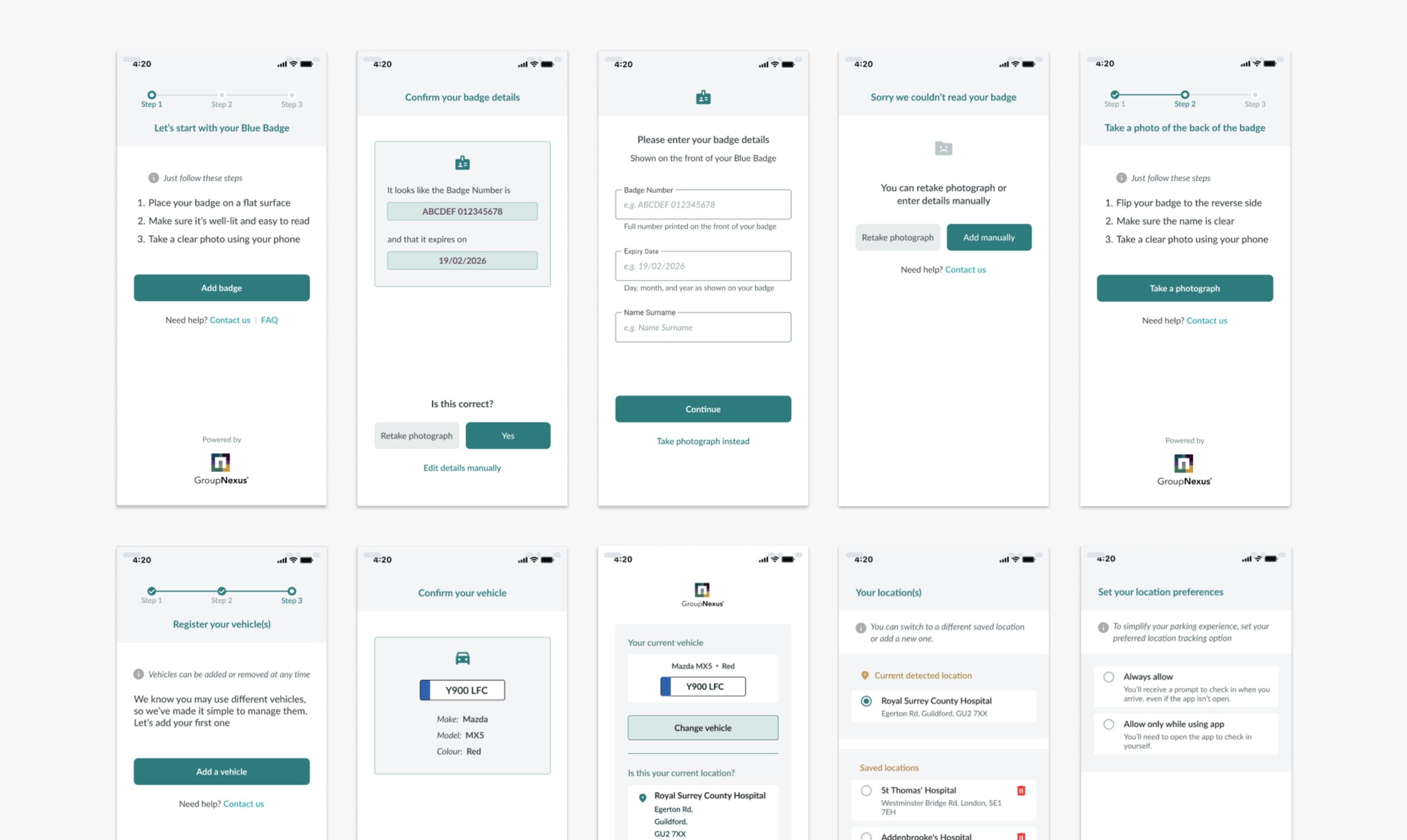 The wireframe set for the rebuilt Blue Badge journeys