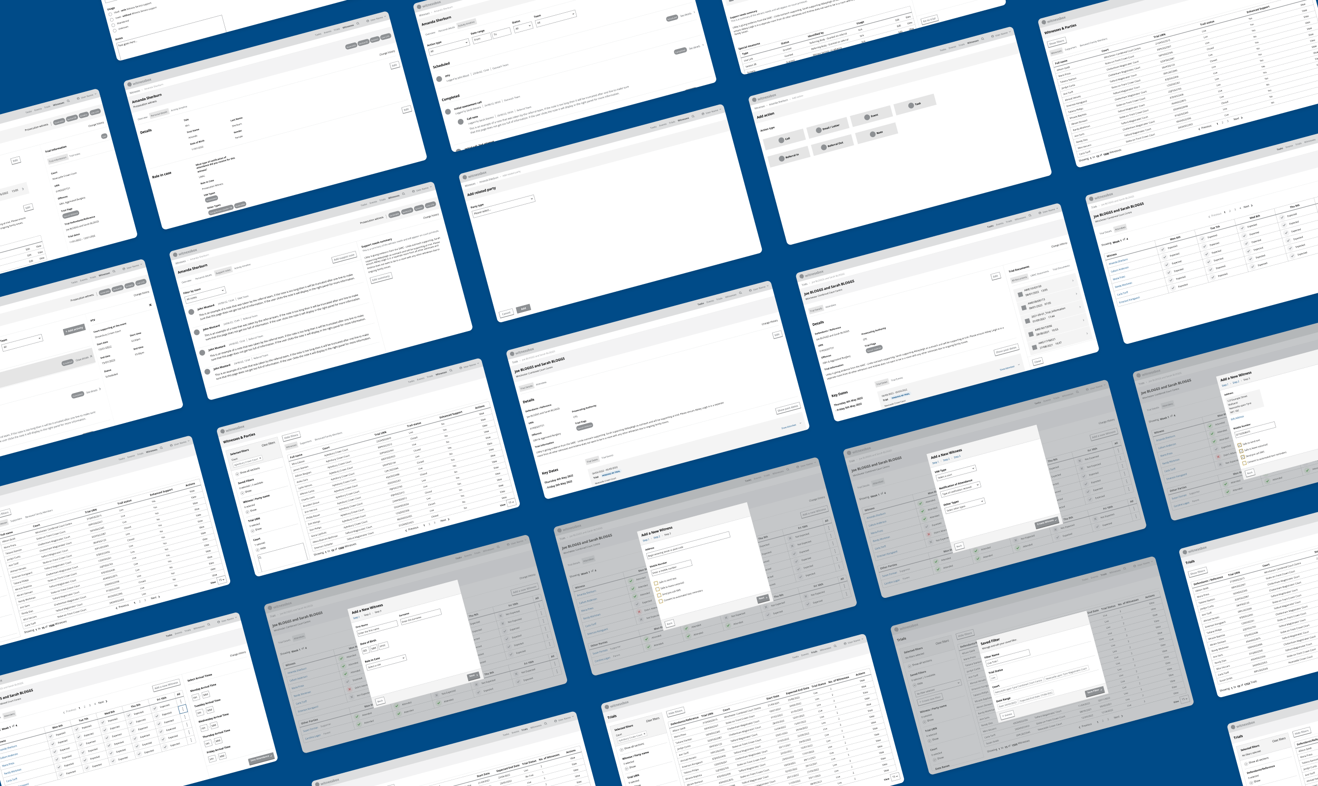 The wireframe set for the WitnessBox case management screens