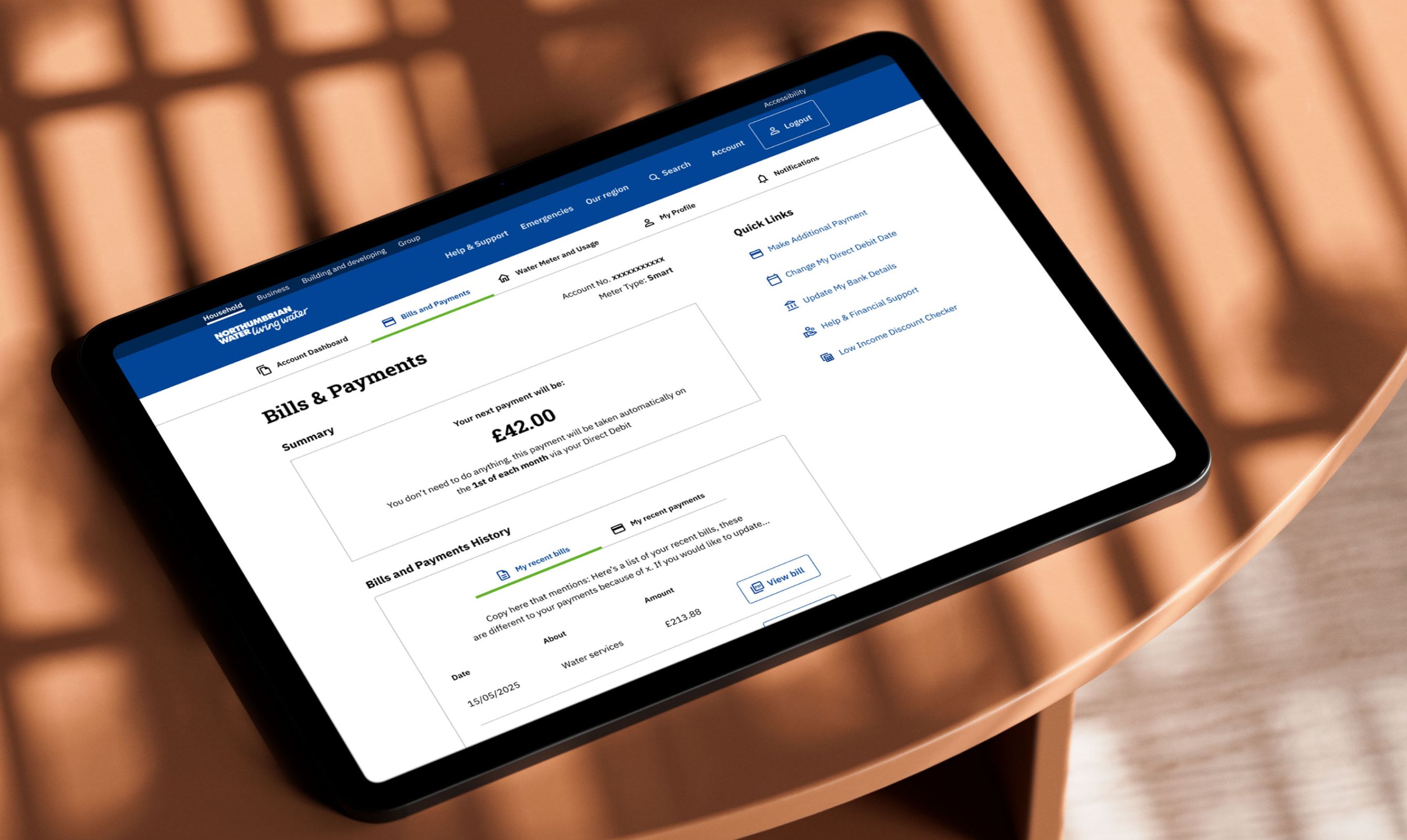 The bills and payments screen on a tablet