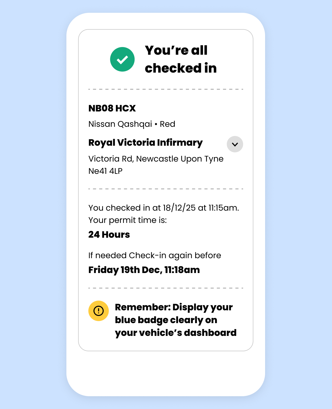 A completed check-in showing the vehicle, car park and permit time