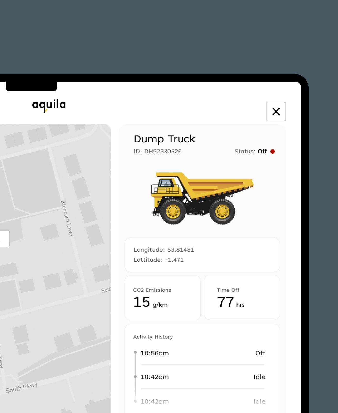 A plant asset detail view showing status and emissions