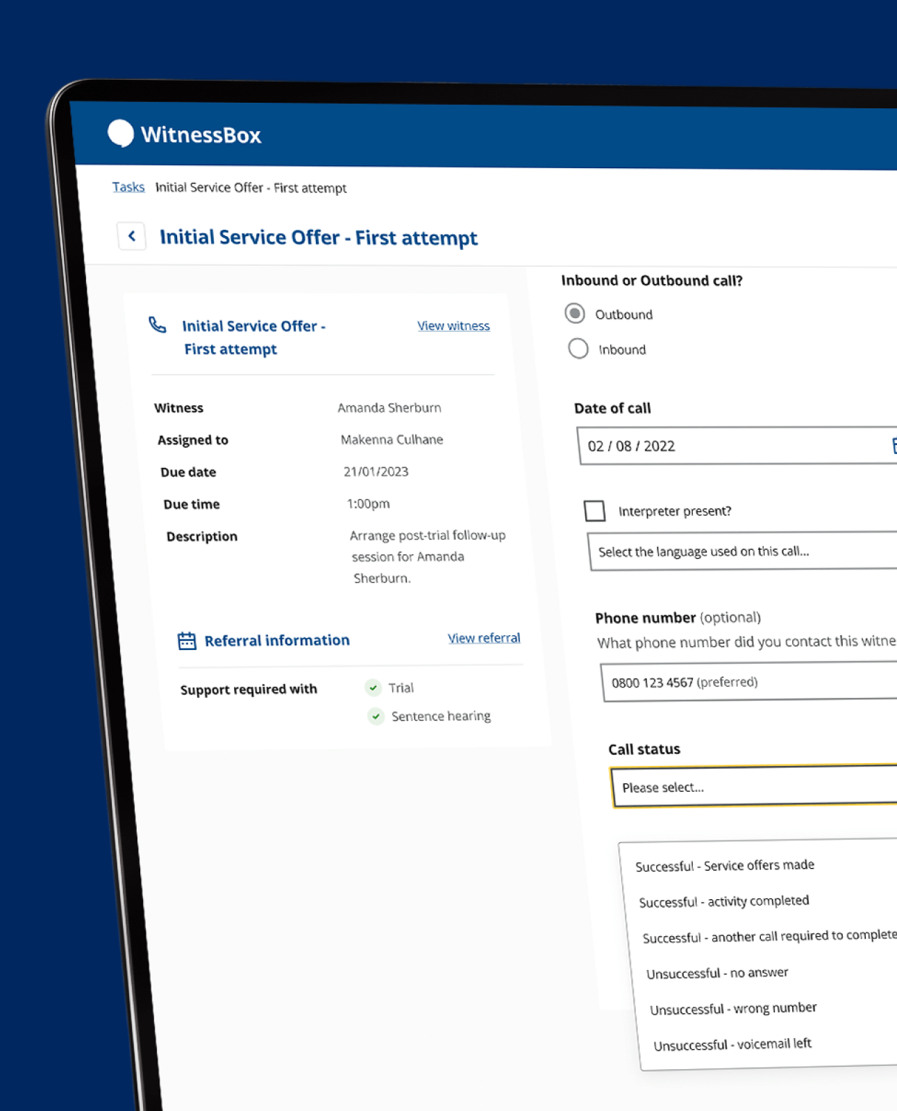 A task detail panel for logging a first-attempt service offer