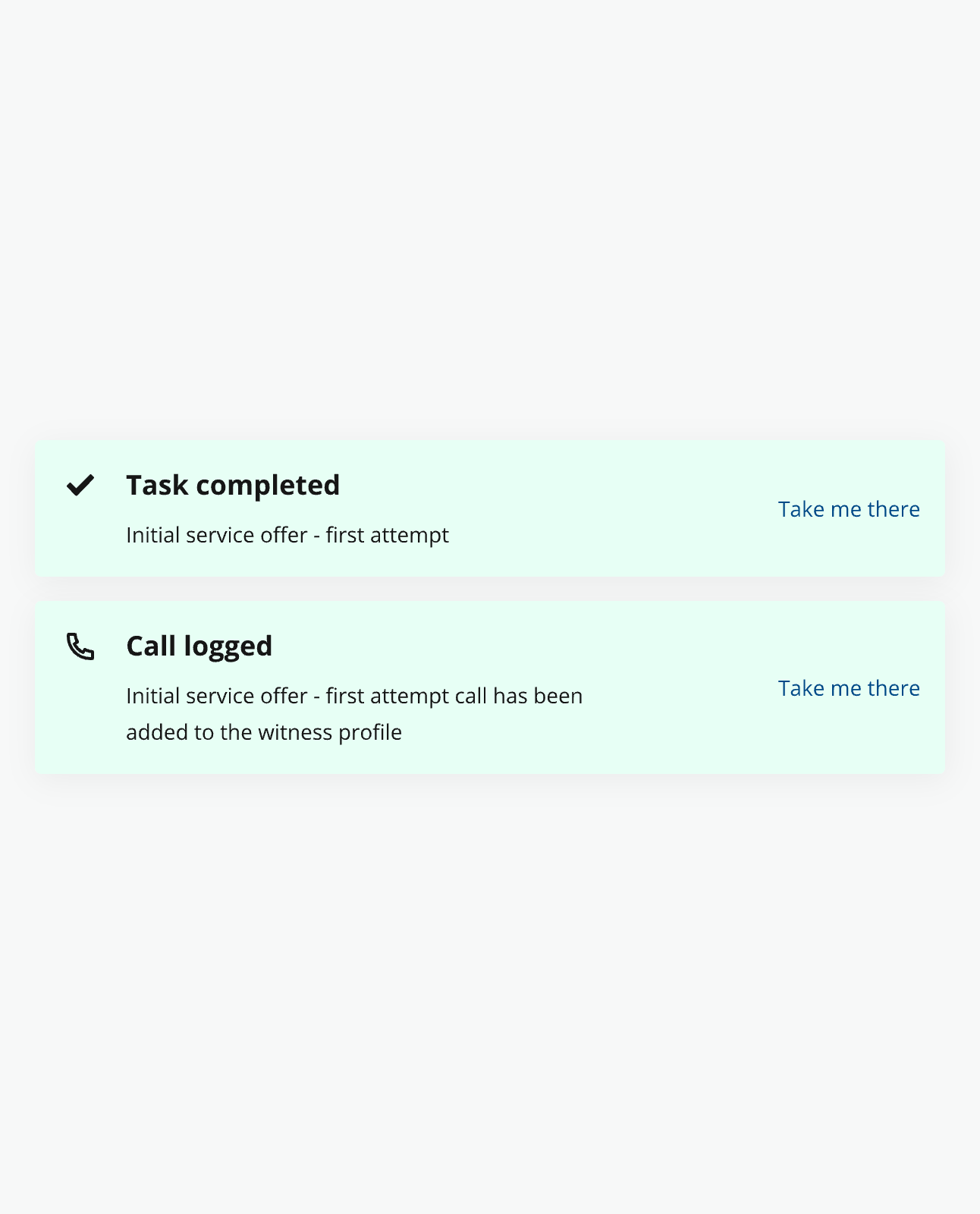 Task completed and call logged notification components, animated