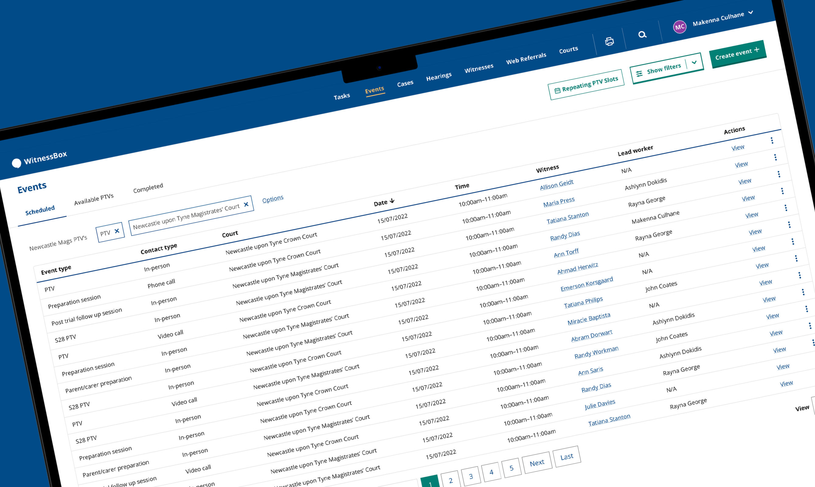 The events screen used to manage hearings and appointments