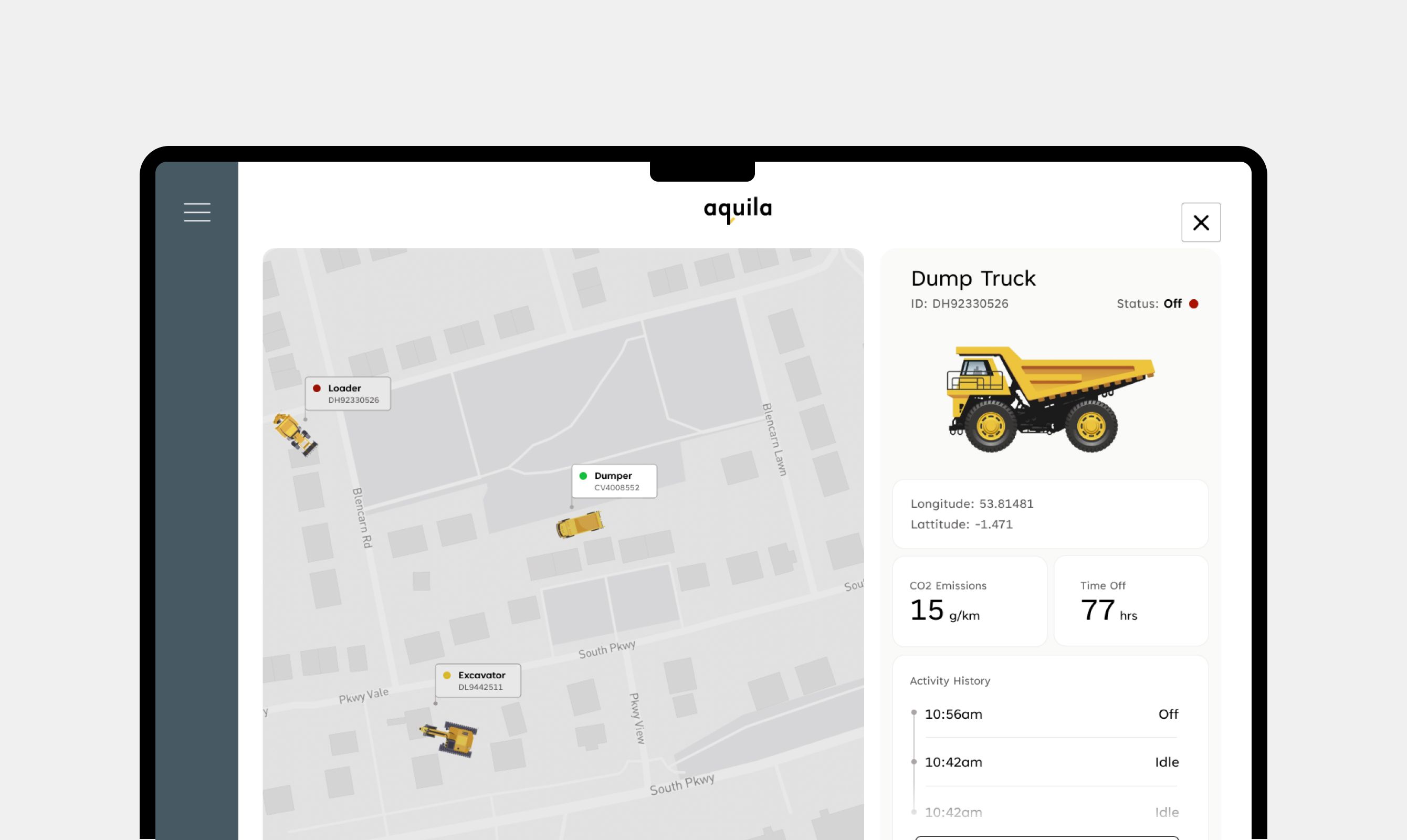 Tracking plant across a site, with detail on an individual asset