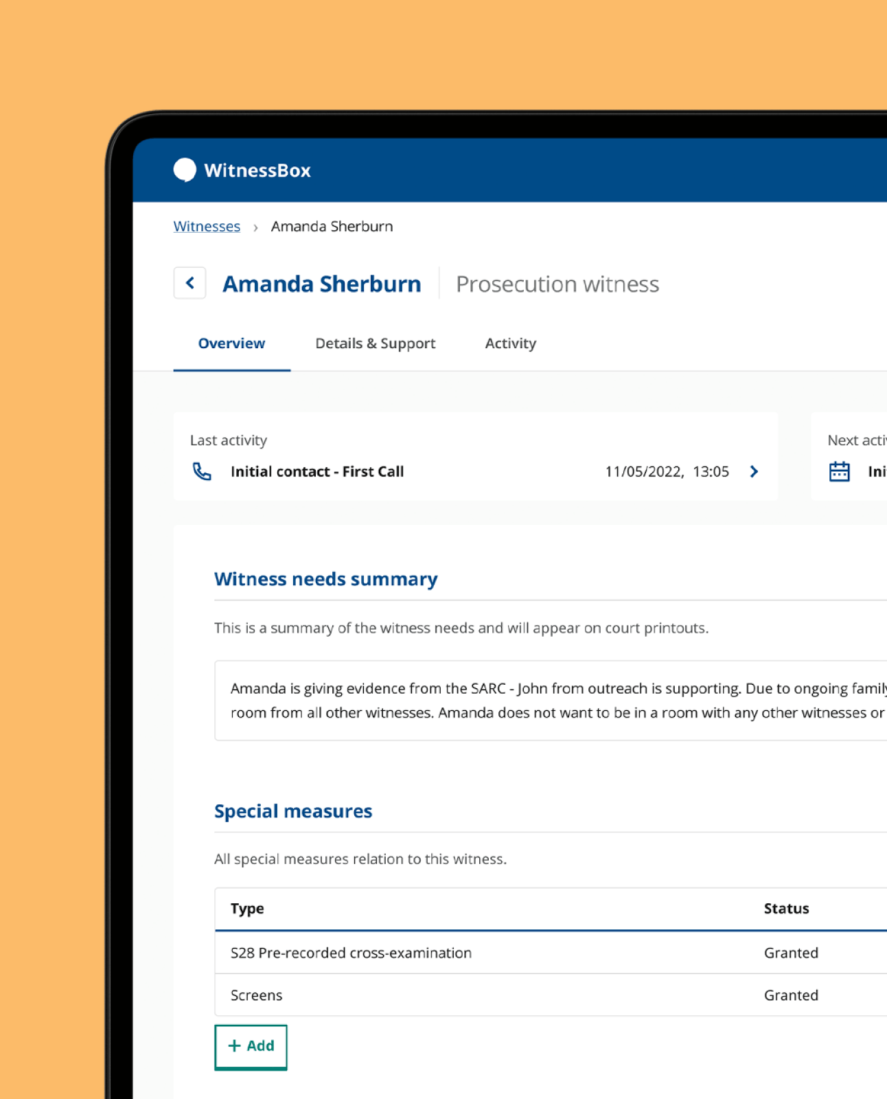 A witness record with their needs summary and special measures