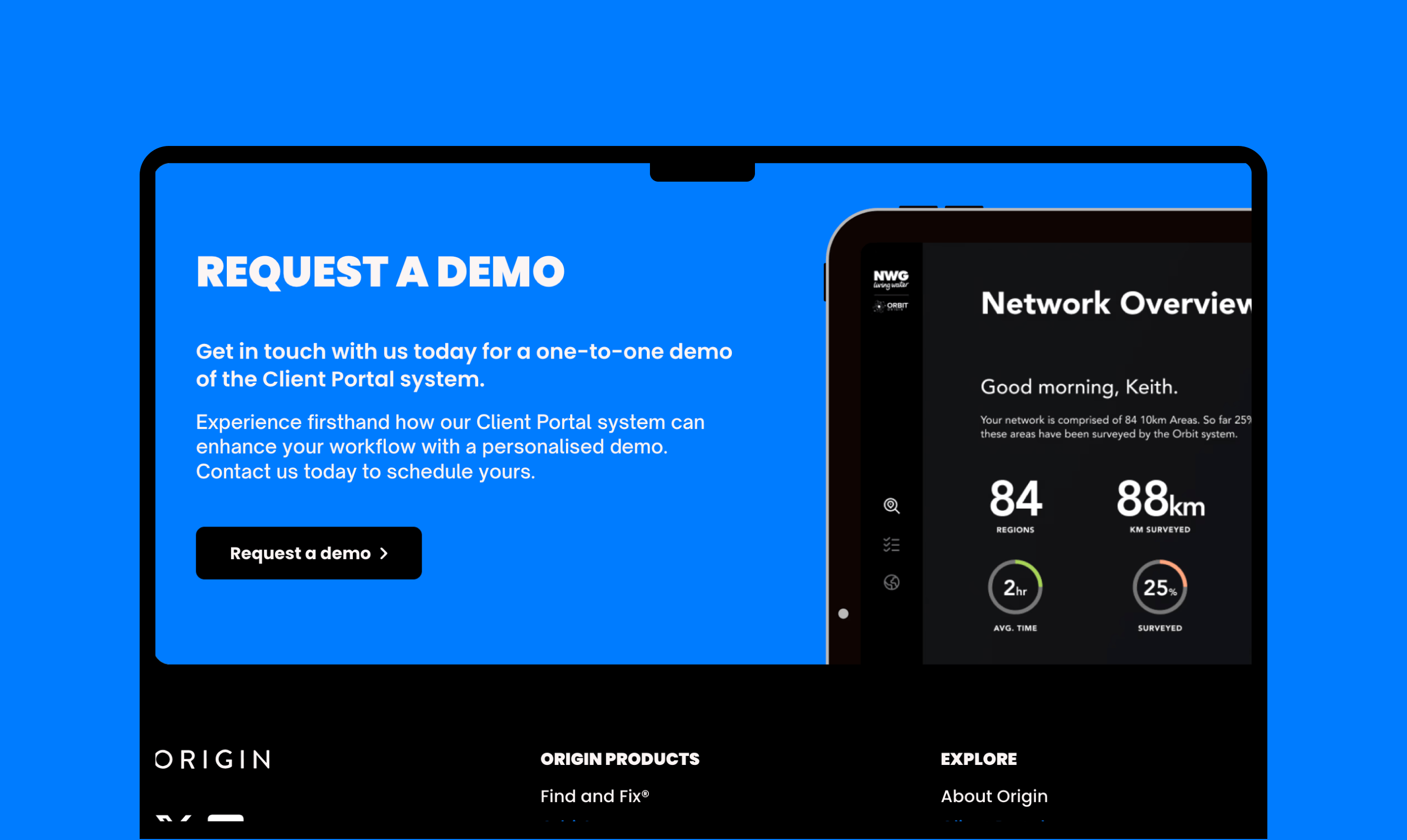 The request-a-demo and network overview screens