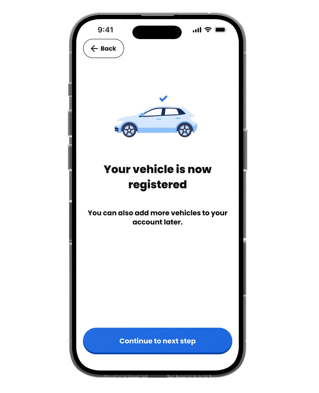 Confirmation that a vehicle has been registered to the account