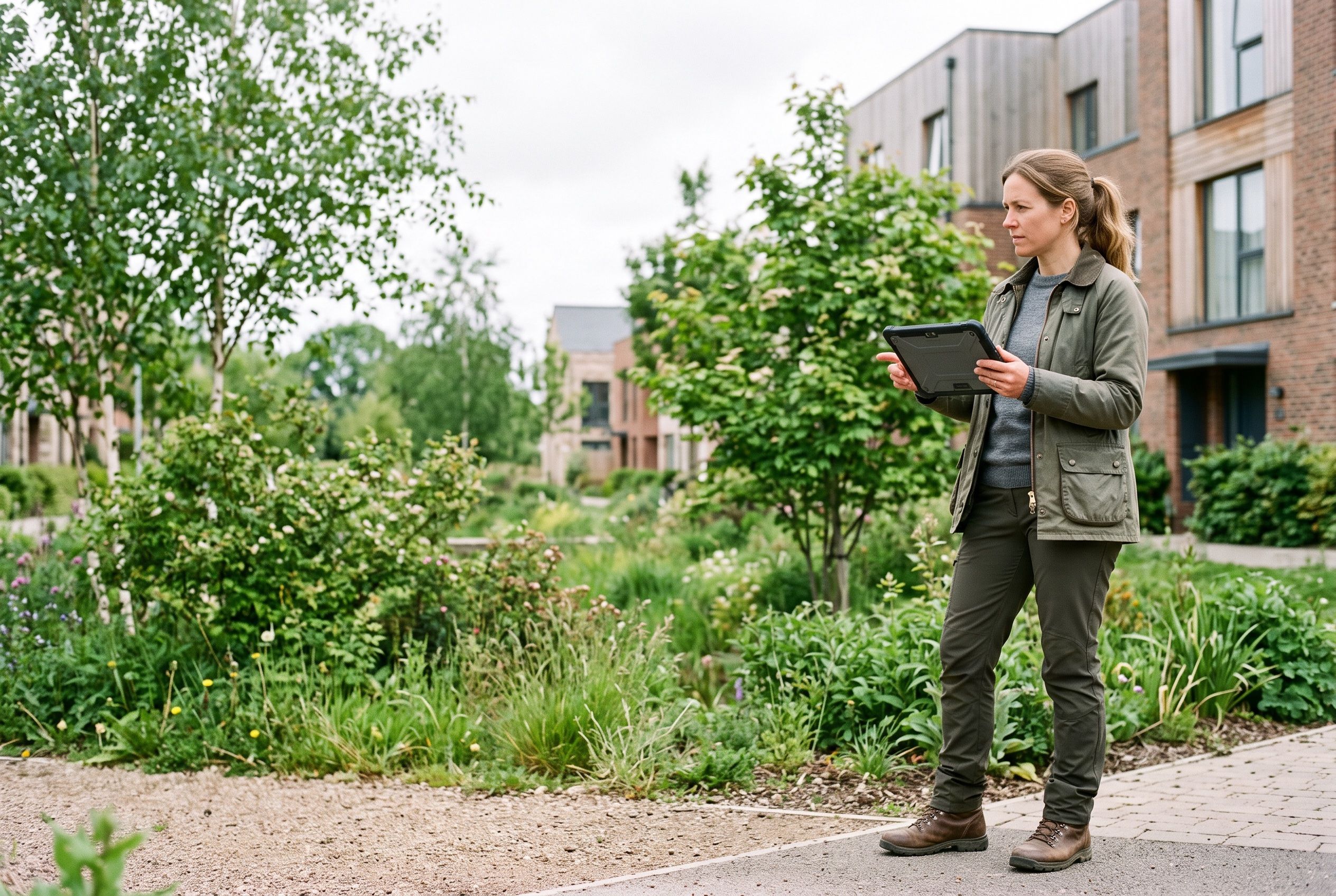 An assessor in outdoor clothing standing in a green, planted residential development, reviewing a site on a rugged tablet.