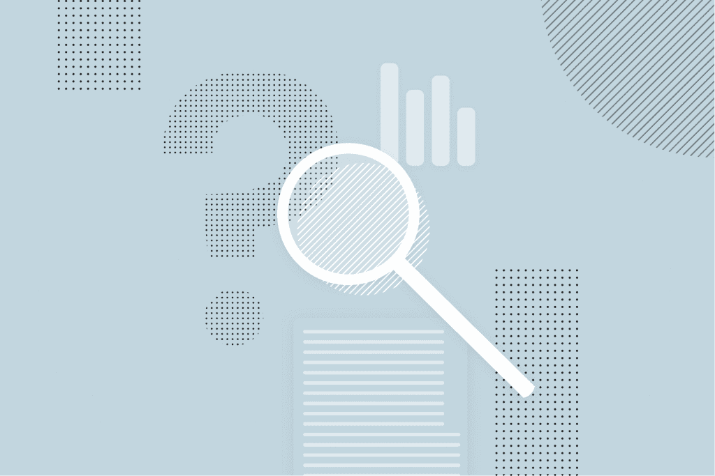 Magnifying glass over a document, a bar chart and a question mark, representing user research