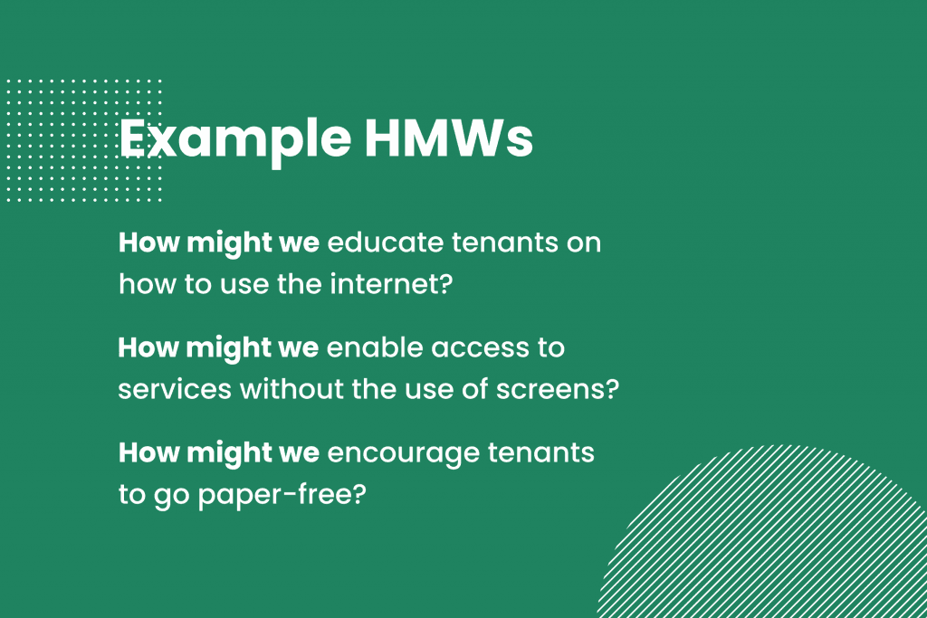 Example How Might We questions: how might we educate tenants on how to use the internet, enable access to services without the use of screens, and encourage tenants to go paper-free