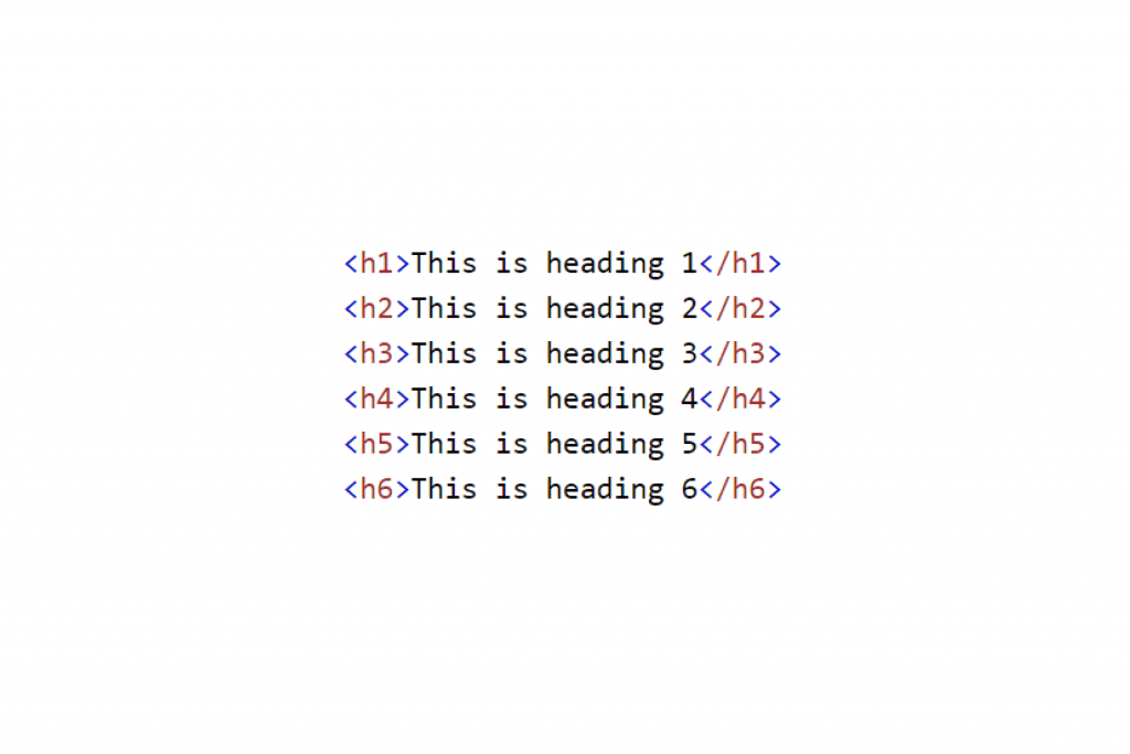 HTML code sample showing heading tags h1 to h6, each reading This is heading followed by its number