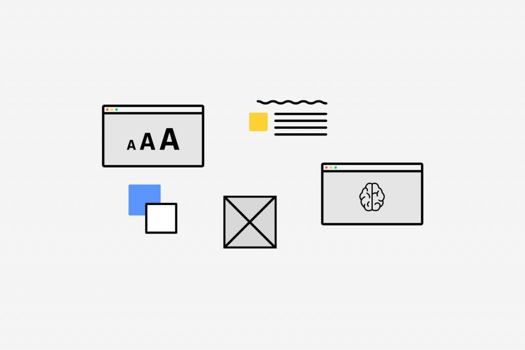 Line icons of browser windows with text size controls, a brain, a wireframe image block and simple shapes