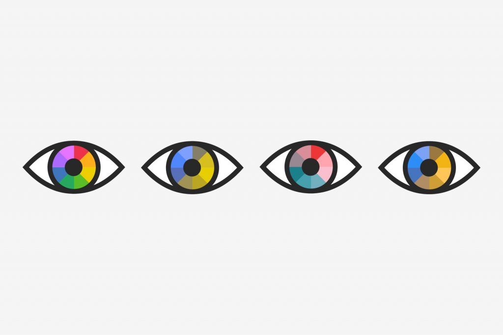 Four eye icons each holding a colour wheel: full colour vision, then the reduced palettes seen with three types of colour vision deficiency