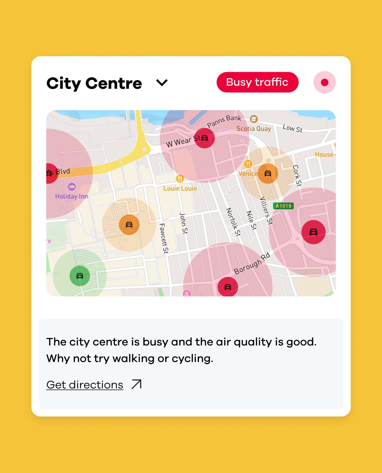 Live city centre busyness and air quality