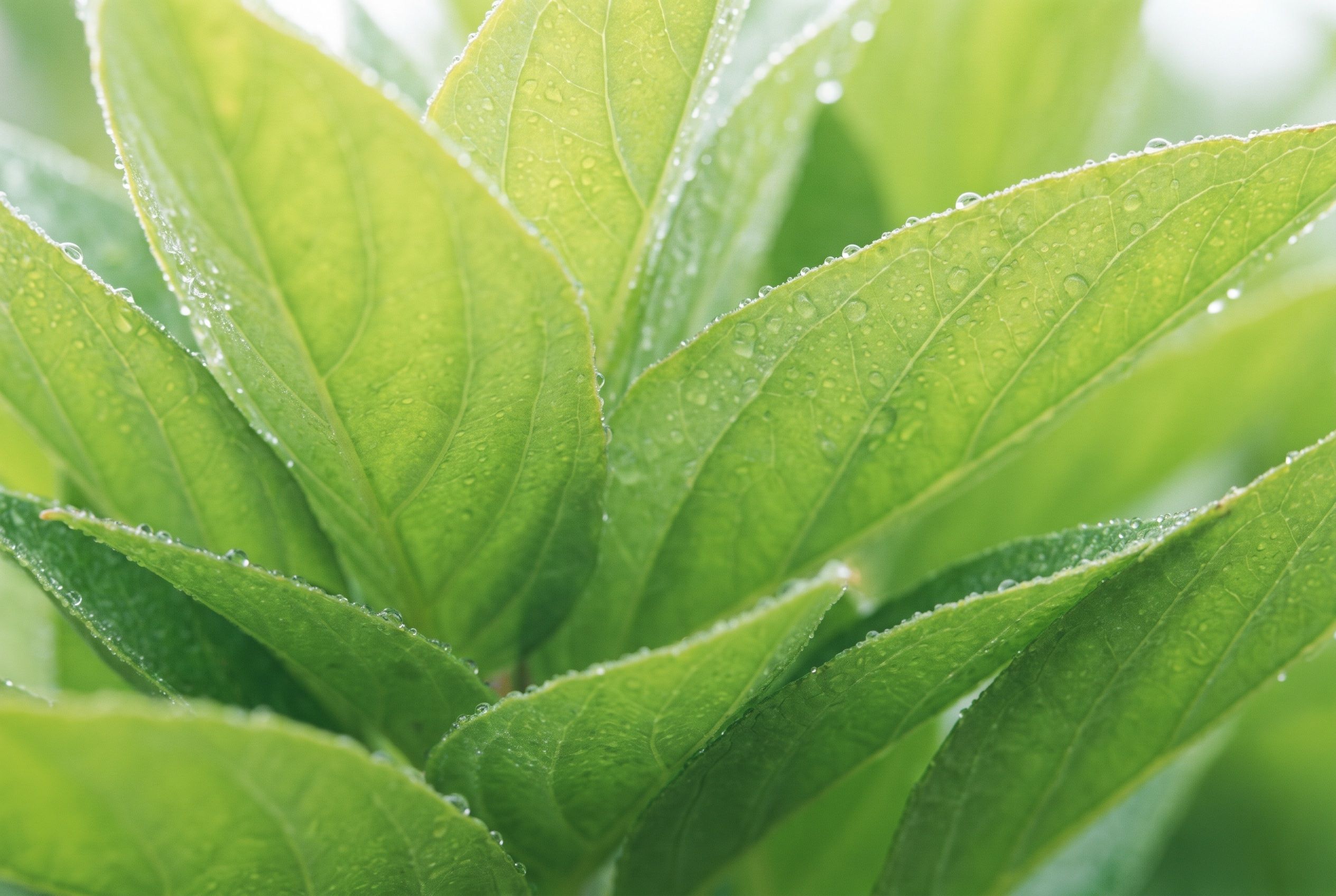 Fresh green leaves covered in dew, backlit by soft daylight.