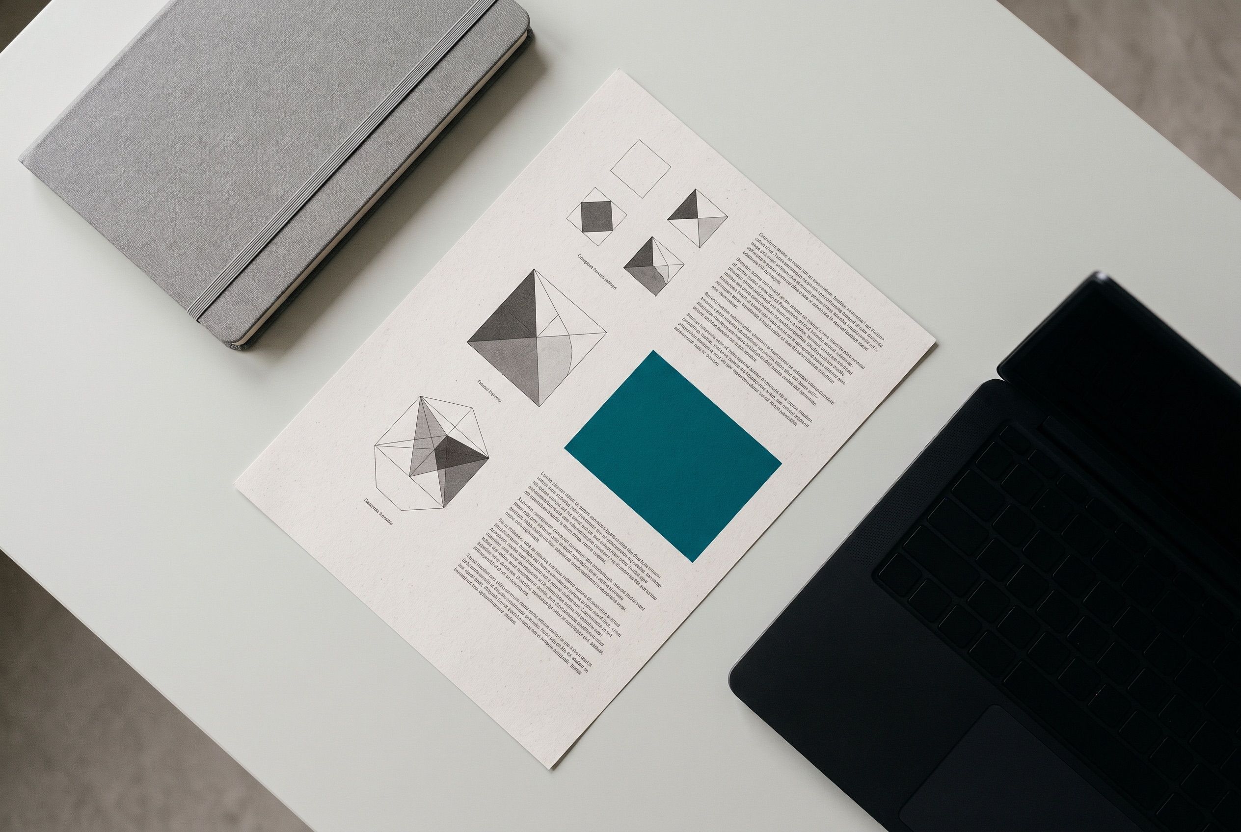 A printed brand guideline sheet with a single teal colour swatch, lying on a pale desk between a grey notebook and a black laptop.