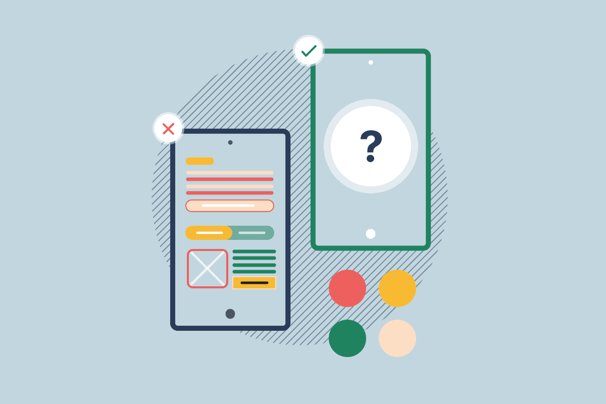 A mobile phone wireframe, featuring several colours, such as red, green, and yellow. Another phone to the right is displaying a question mark, to show how a brand colour should be used in a user interface.