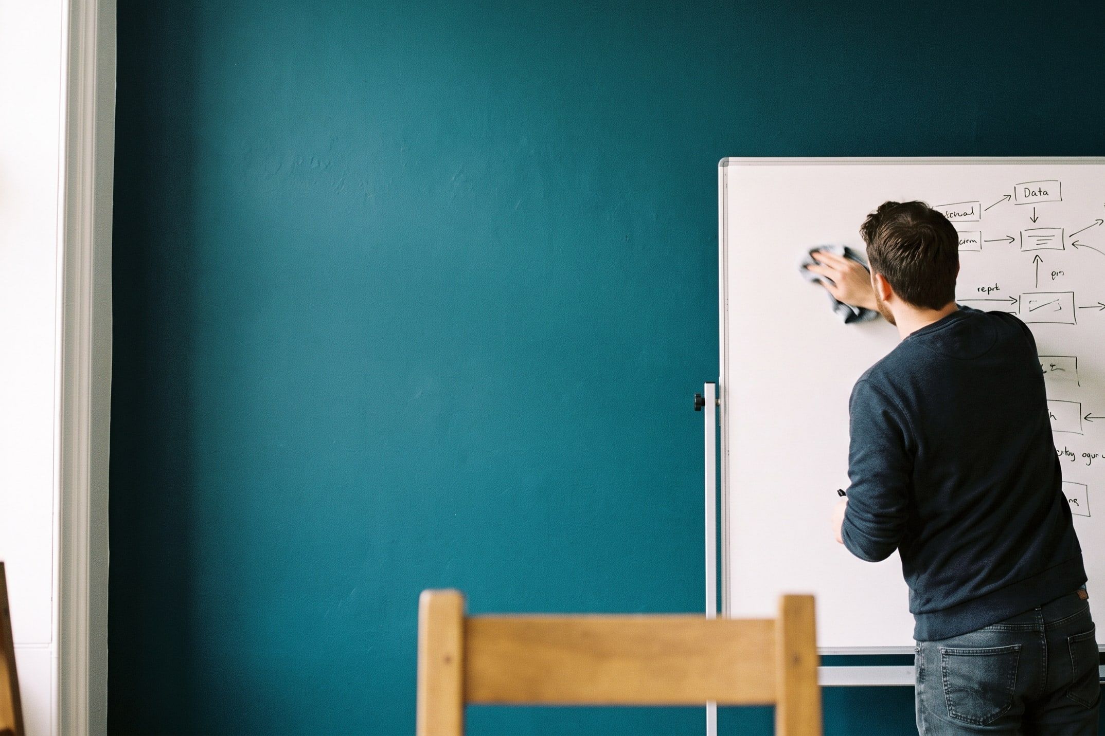 A person wiping one section of a whiteboard clean with a cloth, the rest of the board still covered in a boxes-and-arrows diagram.