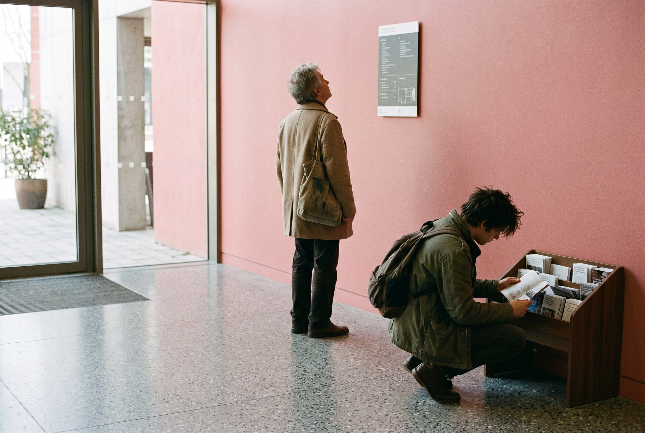 Two people on different errands in the same building entrance: one standing to read a wall-mounted directory, the other crouched at a leaflet rack reading a booklet.