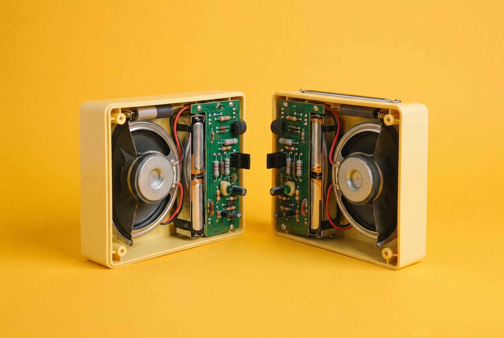 Two identical opened portable radios facing each other on a saffron yellow surface, each showing the same speaker, circuit board and batteries, one a mirror copy of the other.