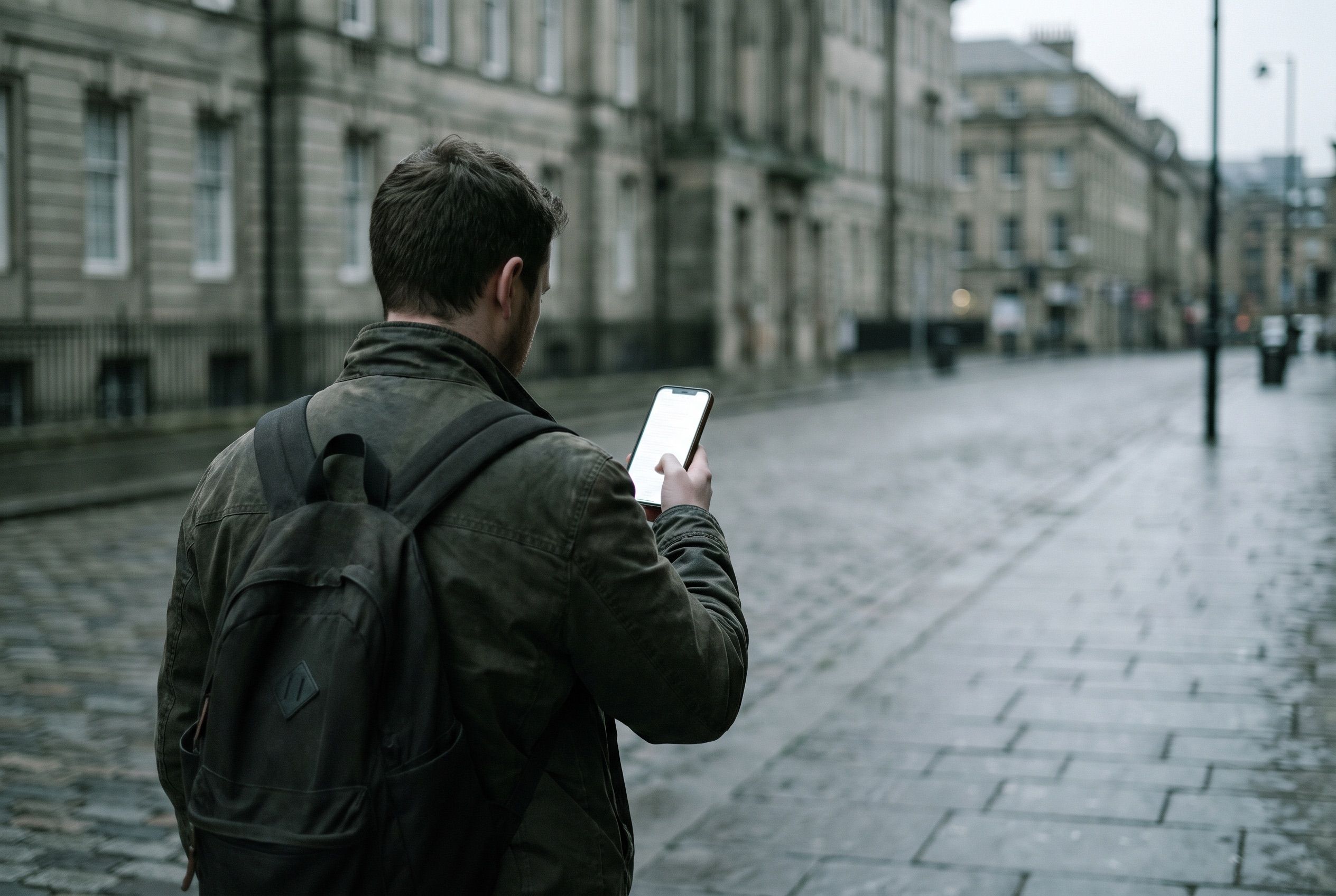 Seen from behind, a person on a wet stone-paved street reading a phone, grey terraced buildings out of focus ahead.