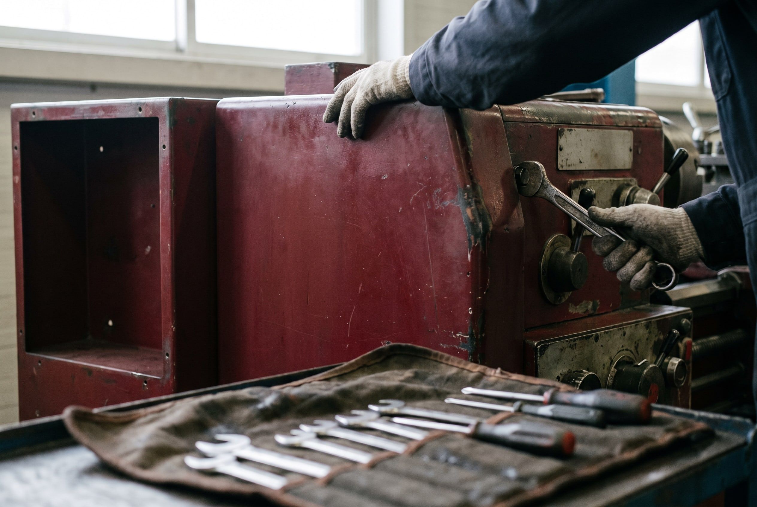 Gloved hands servicing a large red industrial machine with a spanner, a roll of tools laid out open beside them.