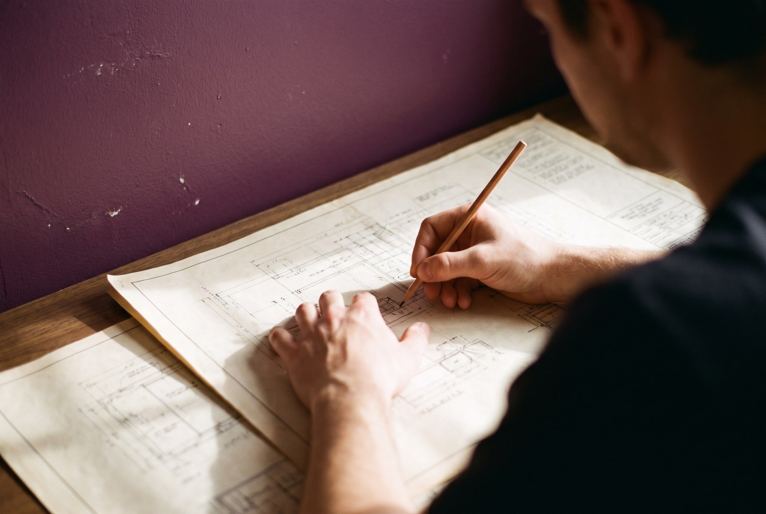 Seen over someone's shoulder, a hand marking a correction on a large printed technical drawing with a pencil.