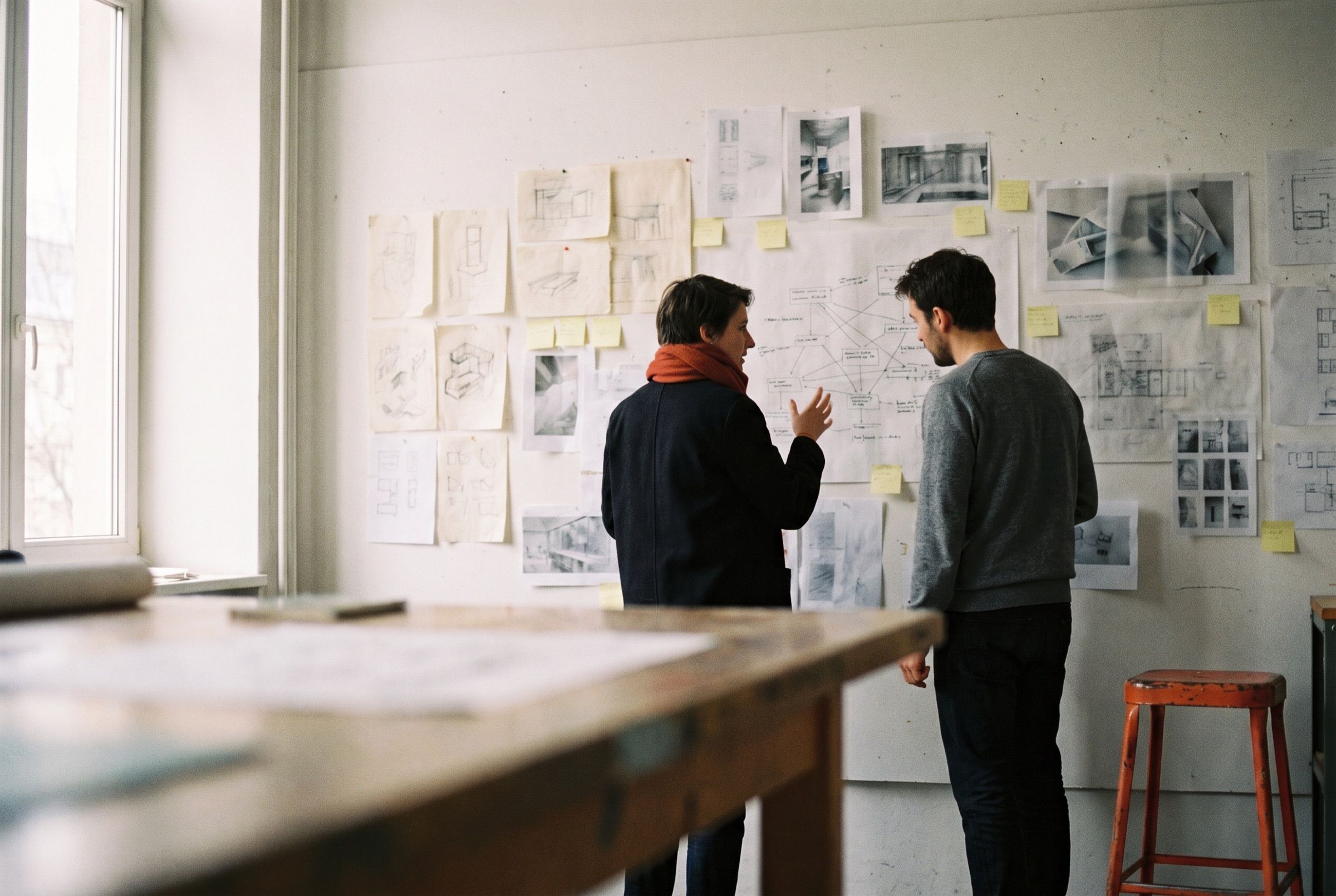 Two designers discussing a wall of pinned sketches and printouts in a studio.