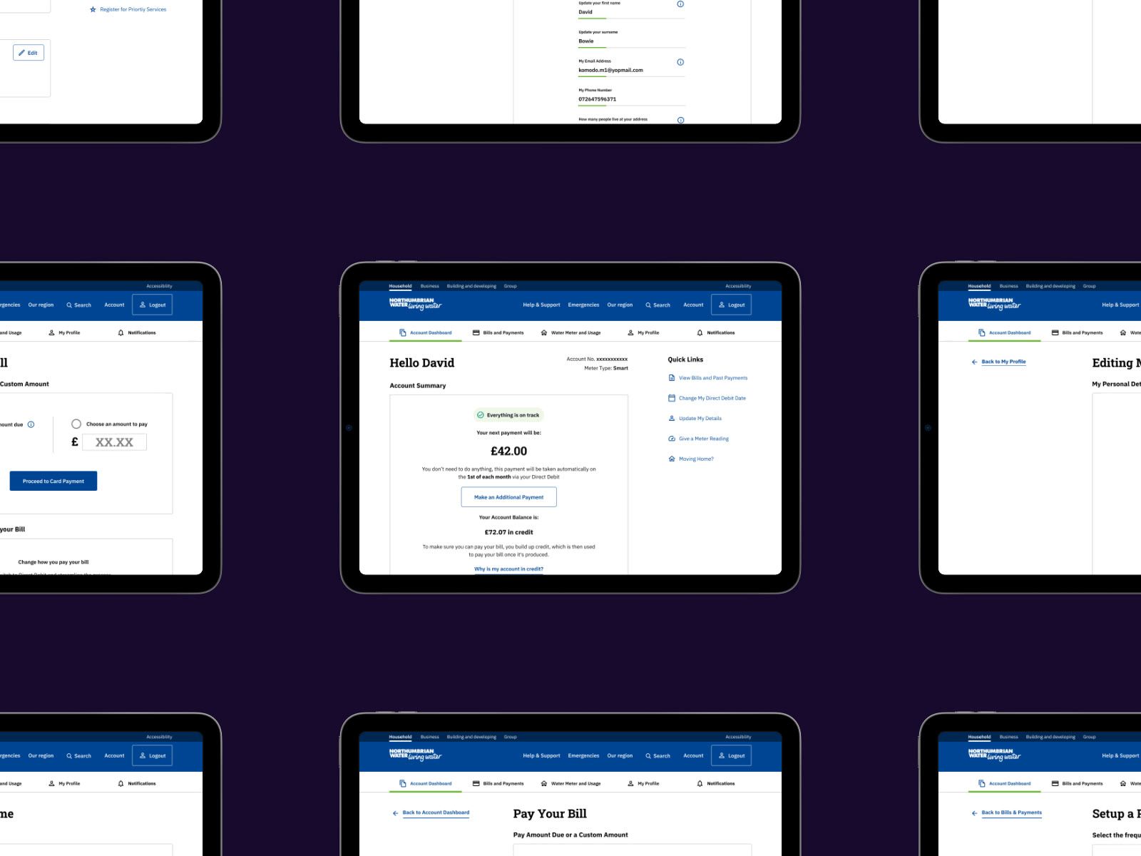 A showreel of screens across the redesigned account, from the dashboard to bills and profile