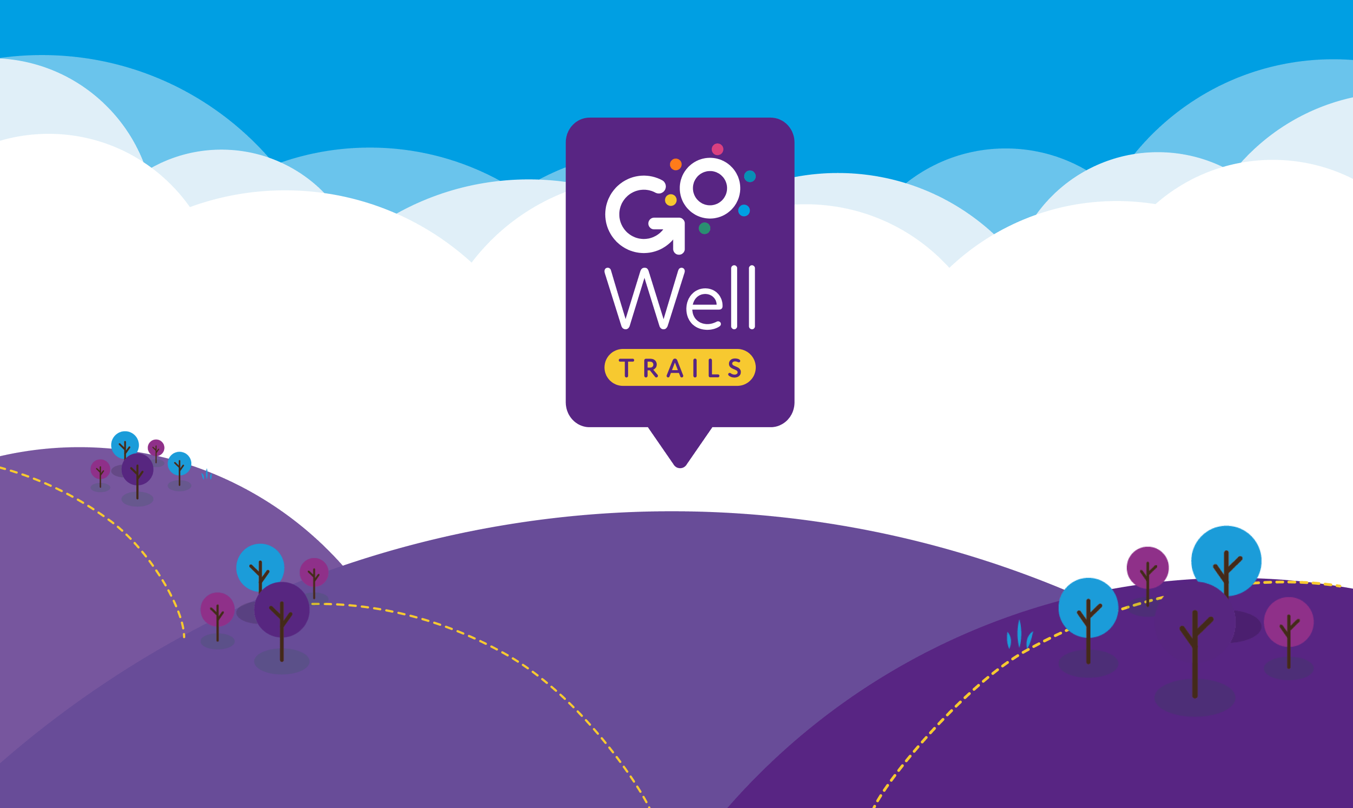 Illustrated GoWell Trails landscape with the logo