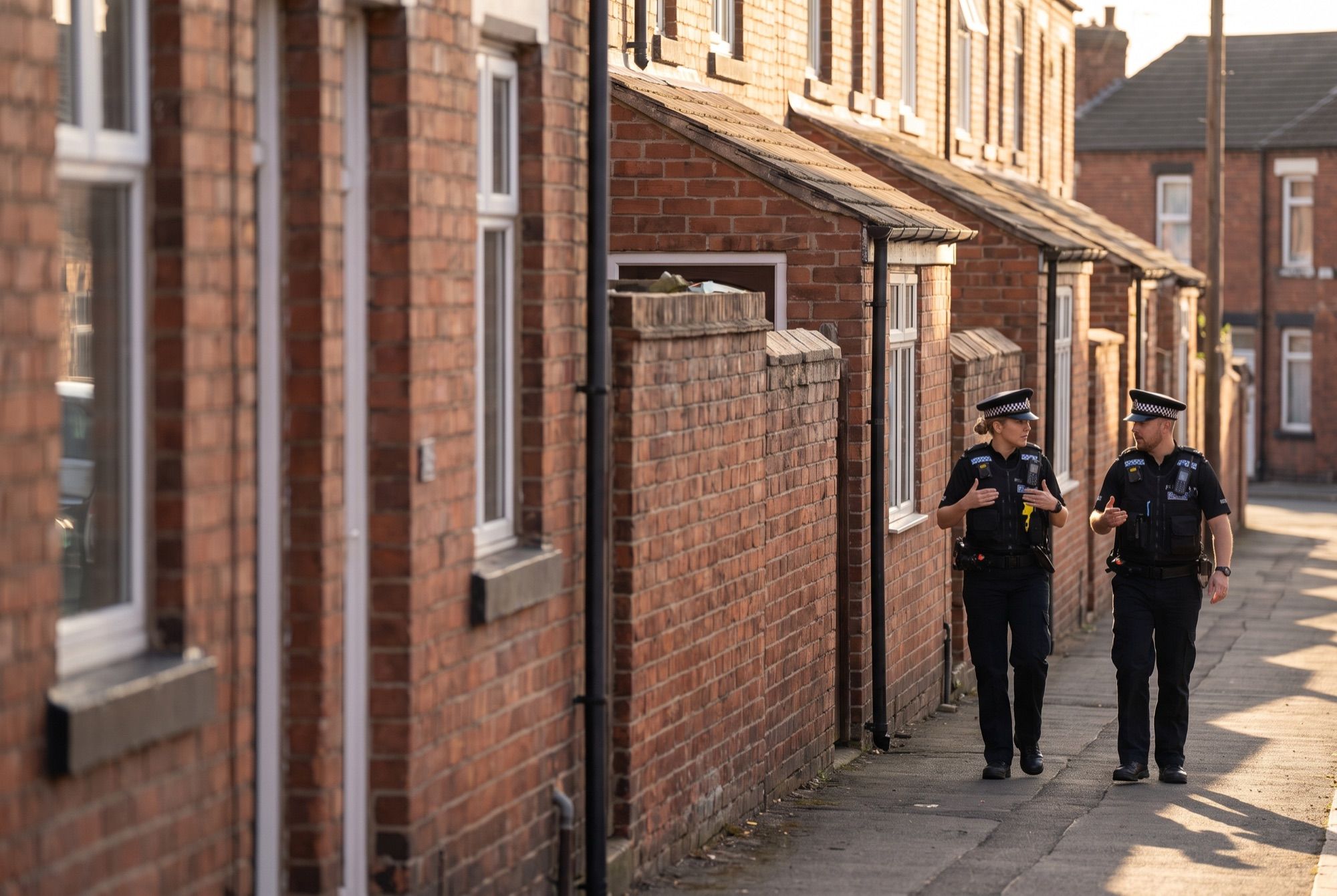 Two British police officers on foot patrol along a terraced residential street