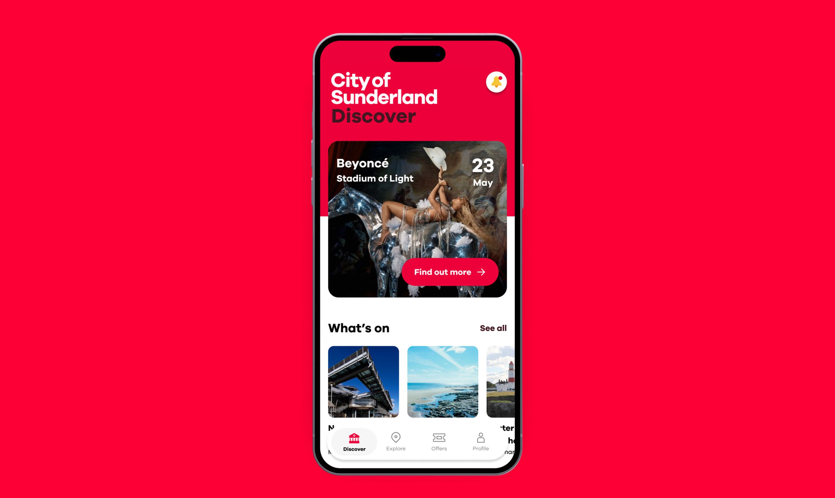 The app home screen on brand red