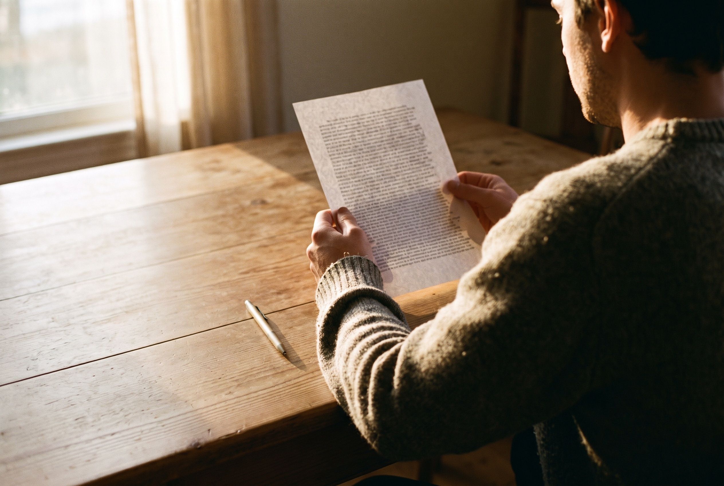 A person at a wooden kitchen table reading a single printed page in morning light, a pen beside them.