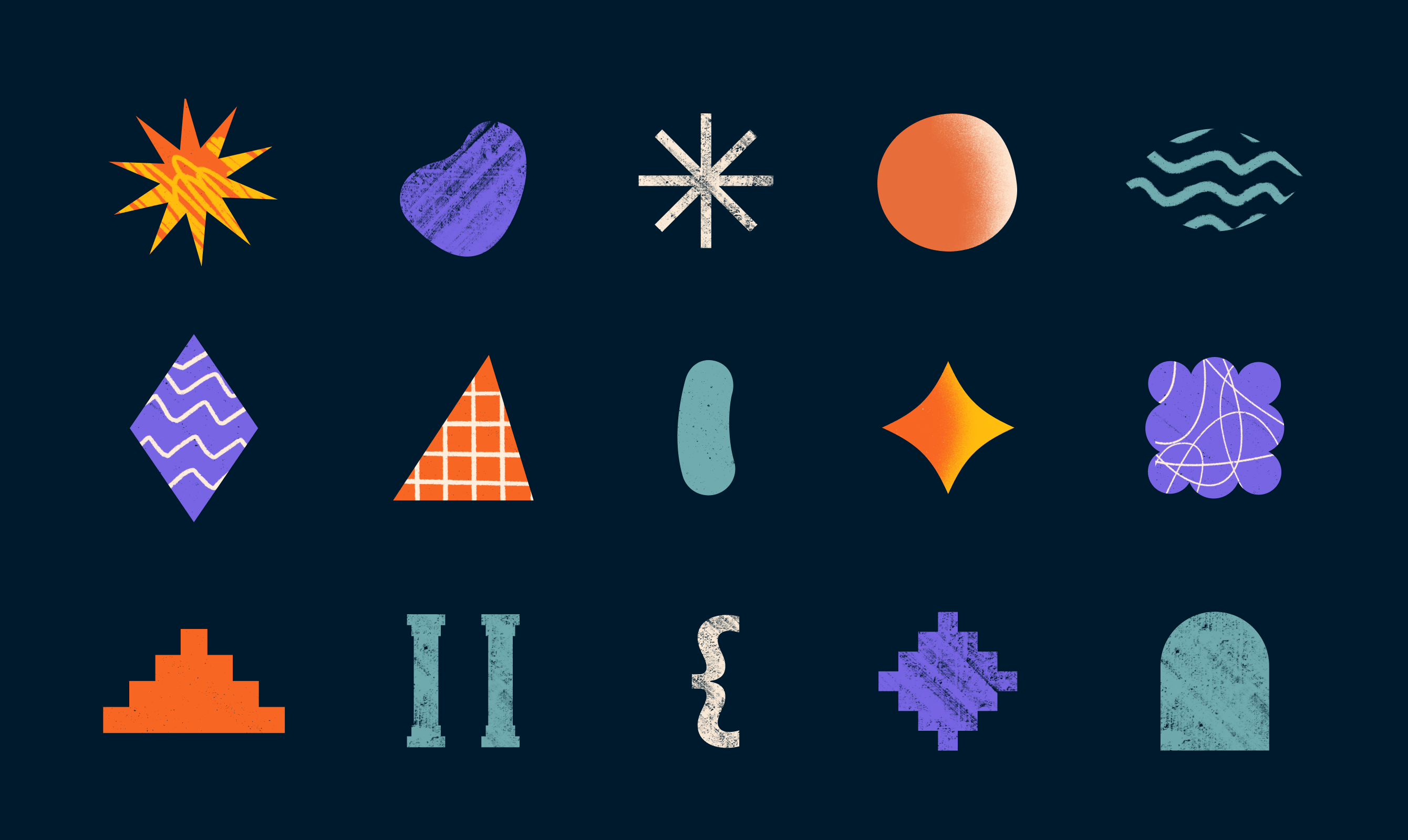 The DIBI brand shape system: fifteen textured forms on Oxford Blue
