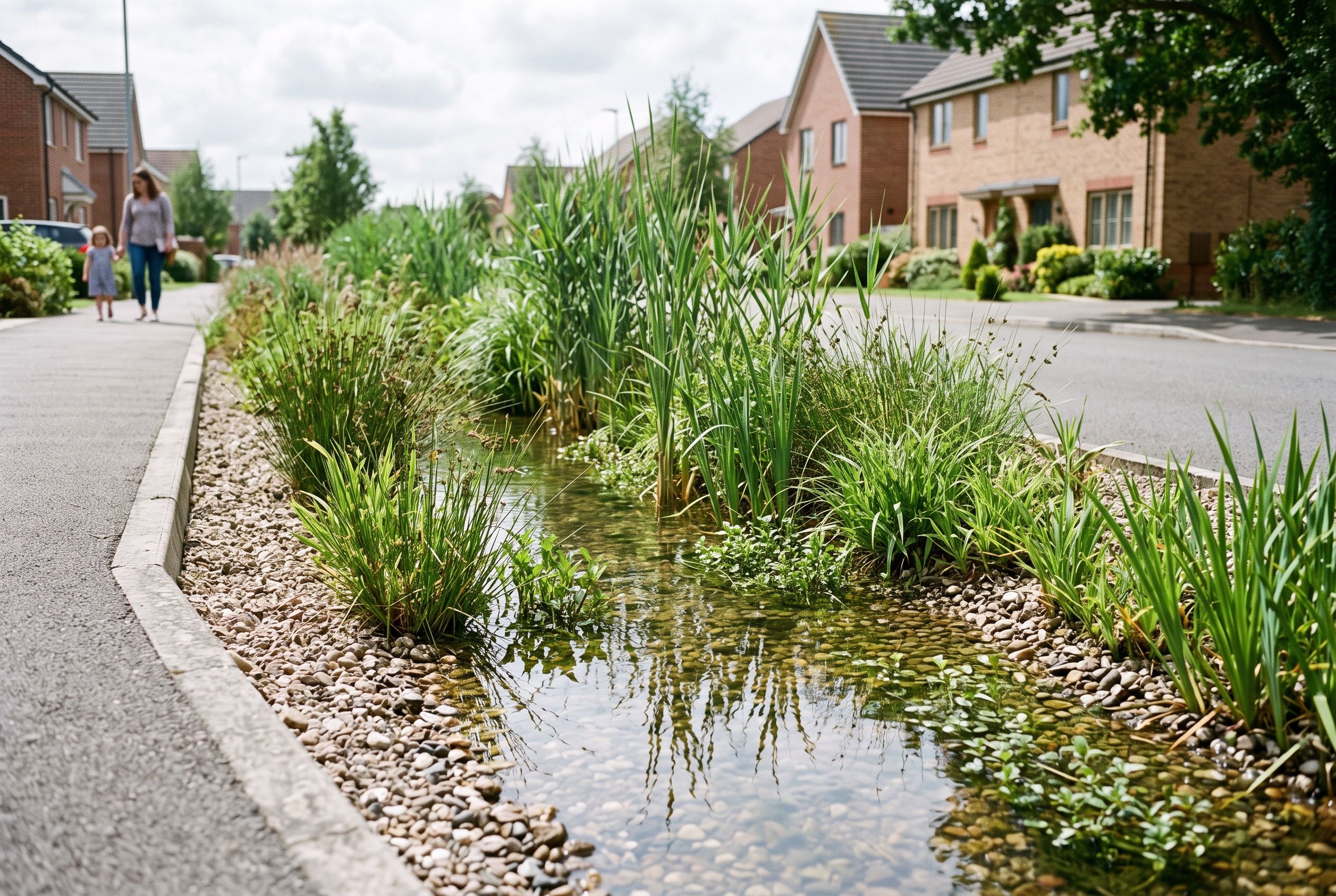 A planted sustainable-drainage channel running along a housing street, reeds and shallow water, a parent and child walking past.