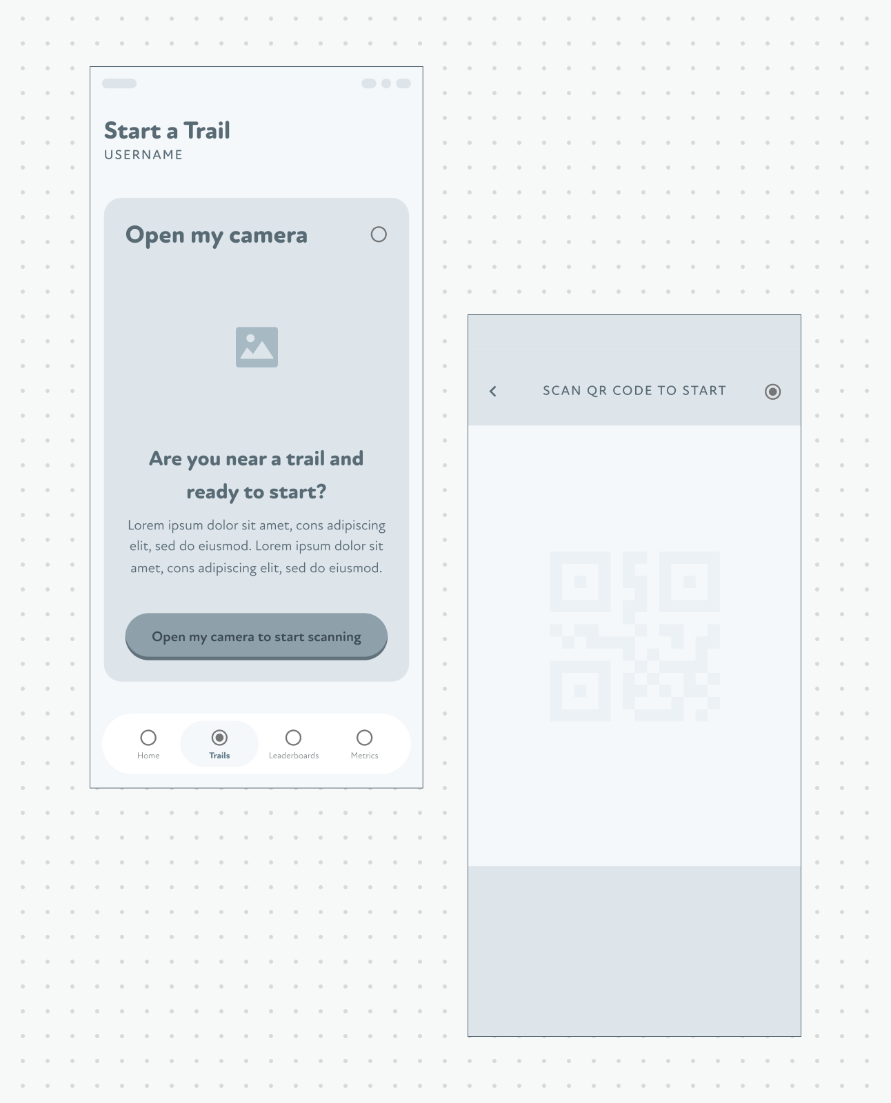 Early wireframe of starting a trail by scanning a QR code