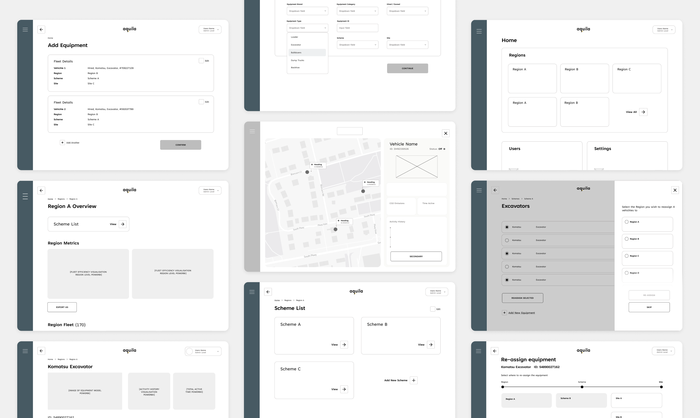 Wireframes for managing equipment, regions and schemes