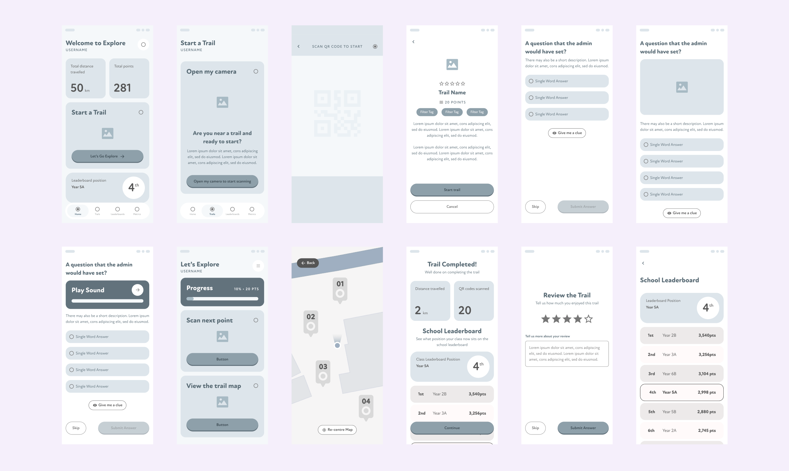 Wireframes for the participant app screens