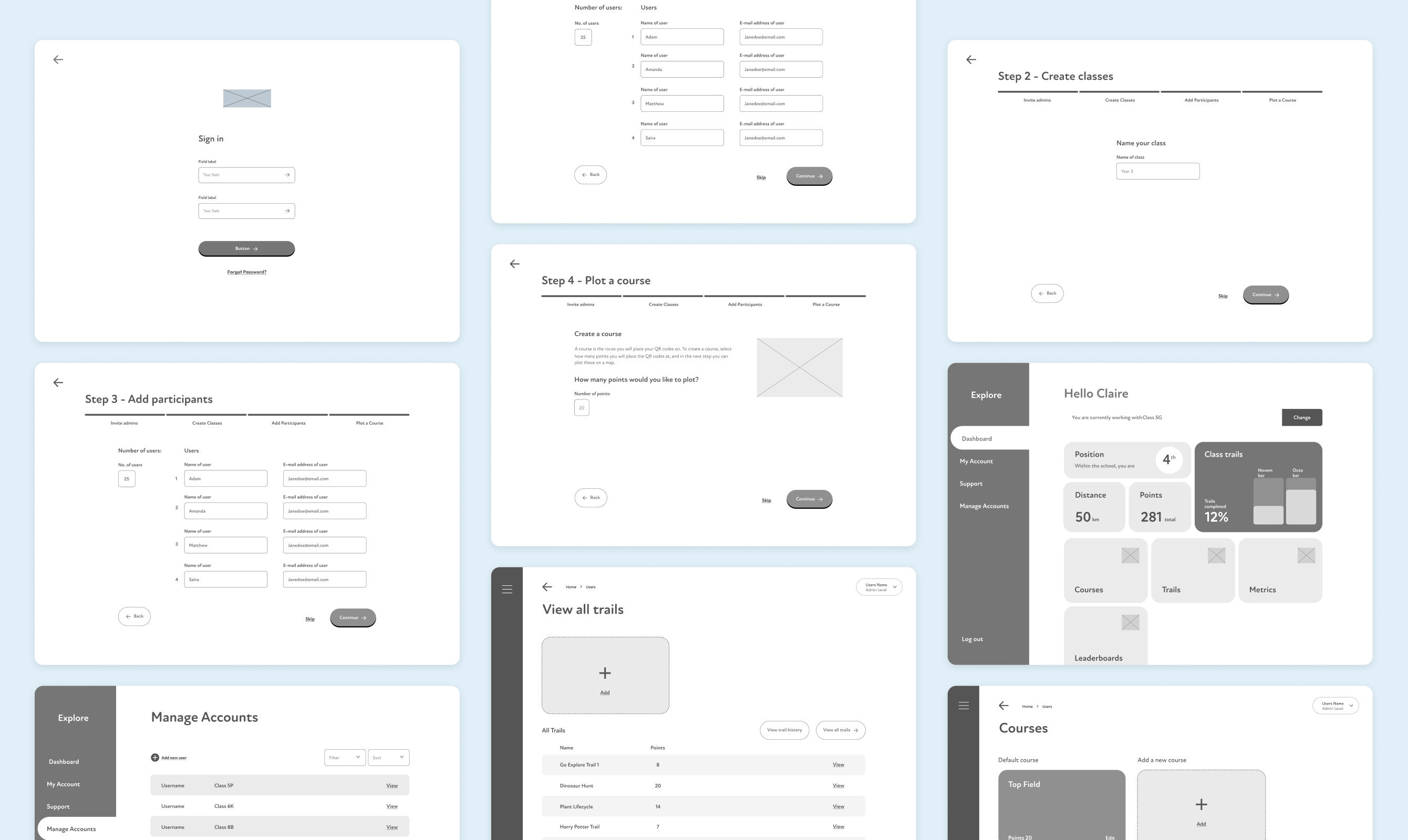 Low fidelity wireframes for the admin experience