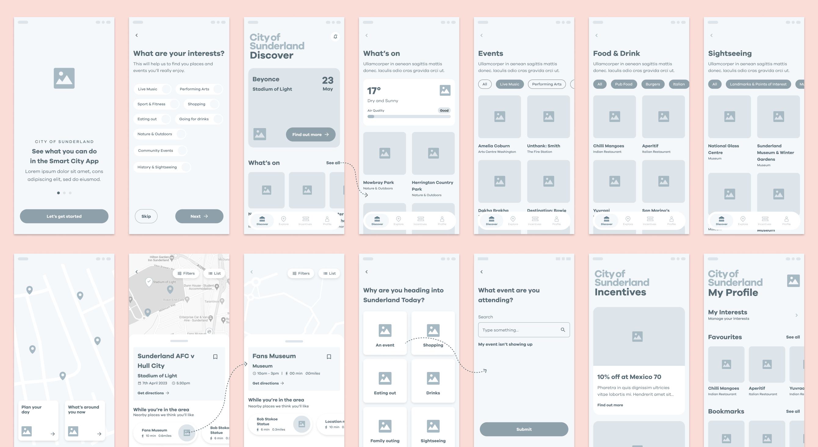 Low fidelity wireframes across the app