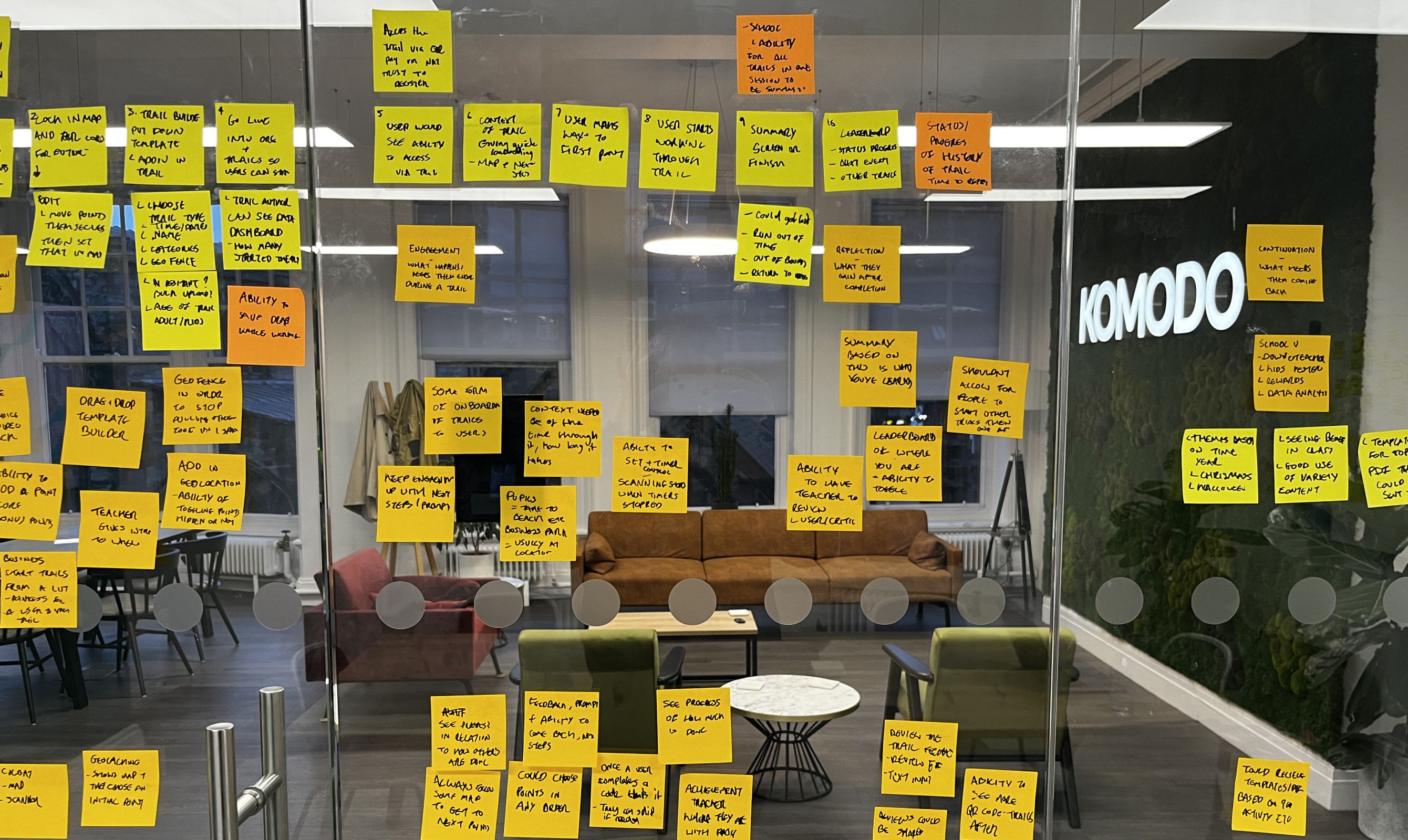 Discovery workshop wall of sticky notes at the Komodo studio